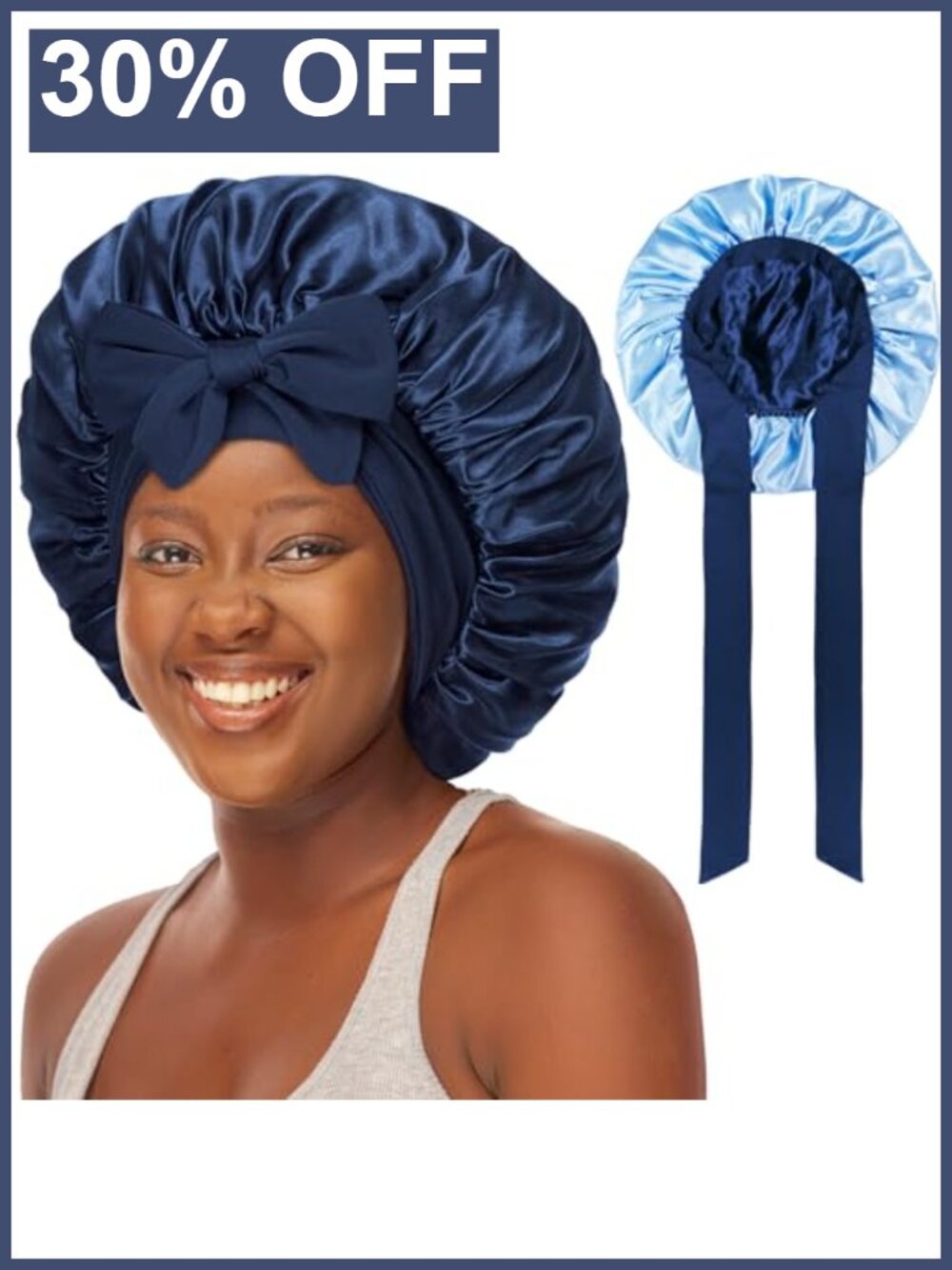 Double-Layered Silky Satin Sleep Bonnet with Tie Band Large Cap